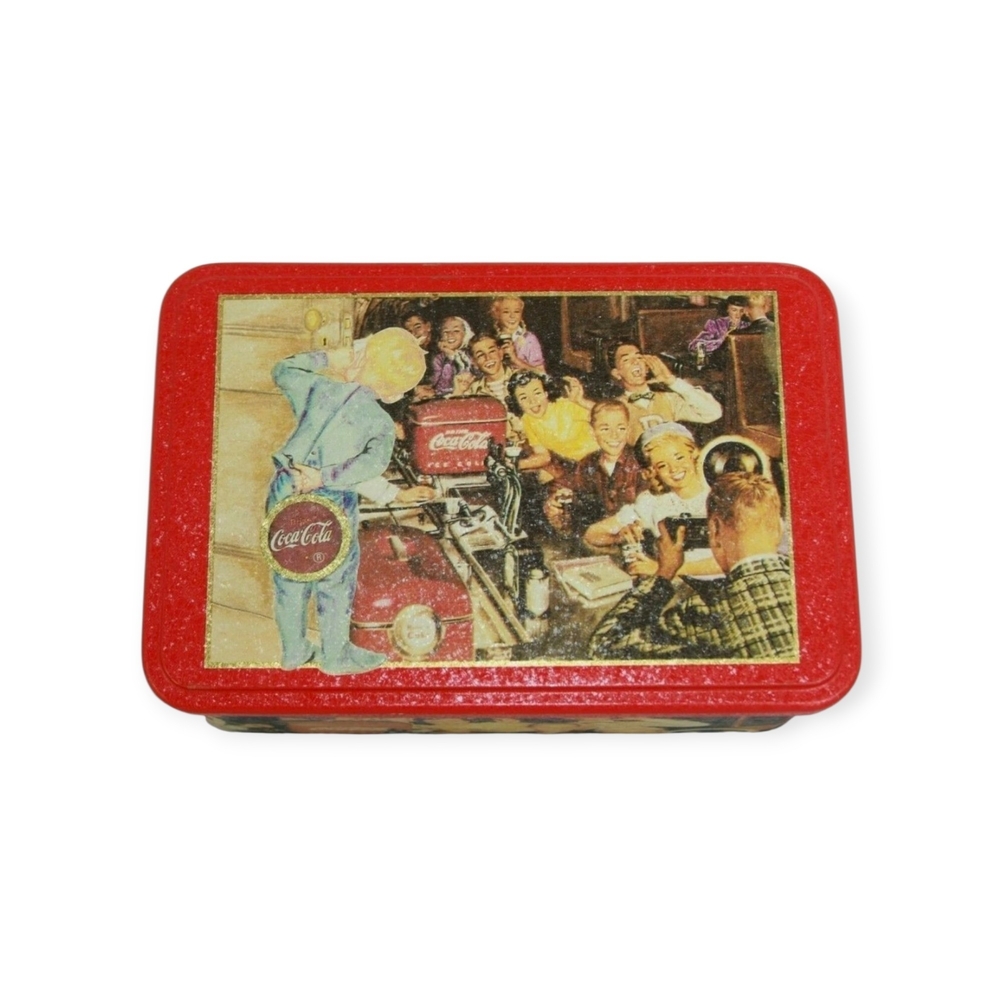 Coca-Cola Vintage Collectible tin box featuring retro scenes from the 1950s.